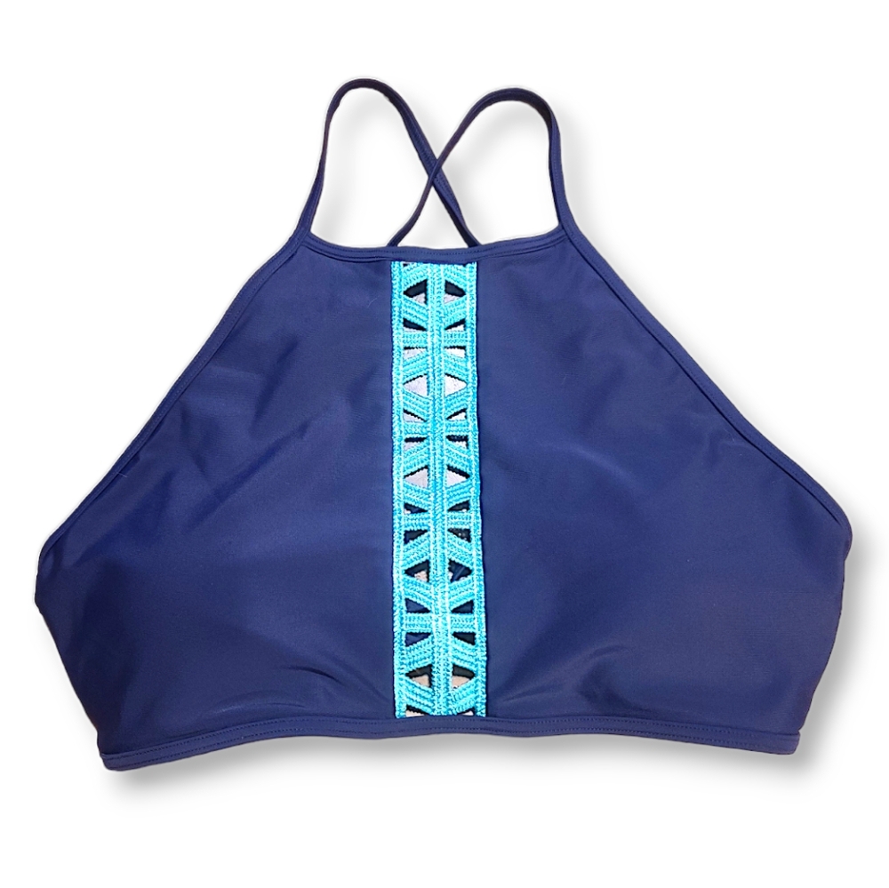 Aerie Crop Bikini Top Halter Criss-cross Back Blue Size Large